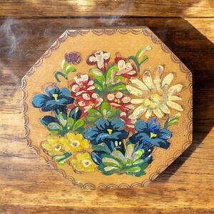Vintage Hand Painted Floral Wooden Trinket Box Octagonal Hinged Lid Two-Tone